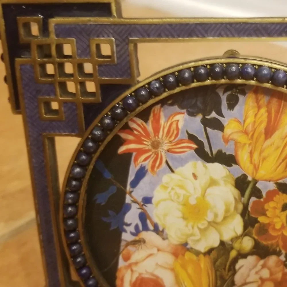 RARE JAY STRONGWATER CHINOISERIE DECO TAO FRETWORK CABOCHON STONE ENAMEL FRAME